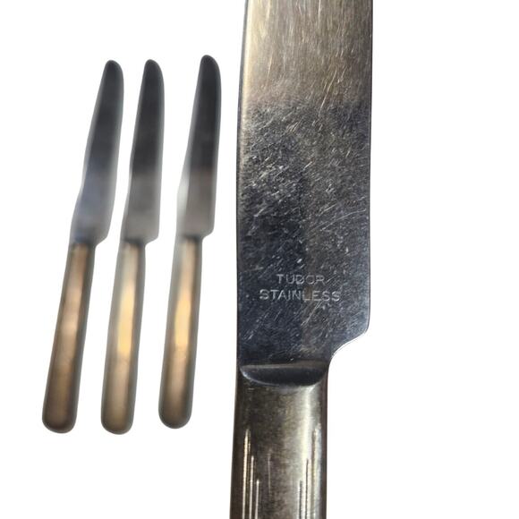 4 Tudor Plate Oneida Friendship-Medality Dinner Knives 9⅛" 1932 Stainless Blade - Picture 3 of 8